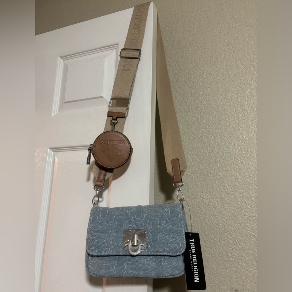 True Religion Light Blue Denim Crossbody with Tan Strap and Brown Coin Pouch